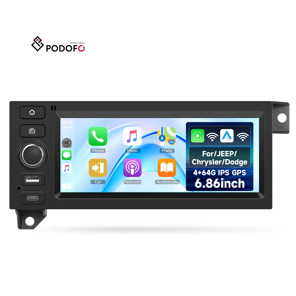 Podofo 6,86 cala, odtwarzacz samochodowy z systemem Android, 4+64 GB, bezprzewodowy CarPlay i Android Auto dla Jeepa/Chryslera/Dodge’a, WIFI, GPS, ekran IPS, radio samochodowe, model A4587