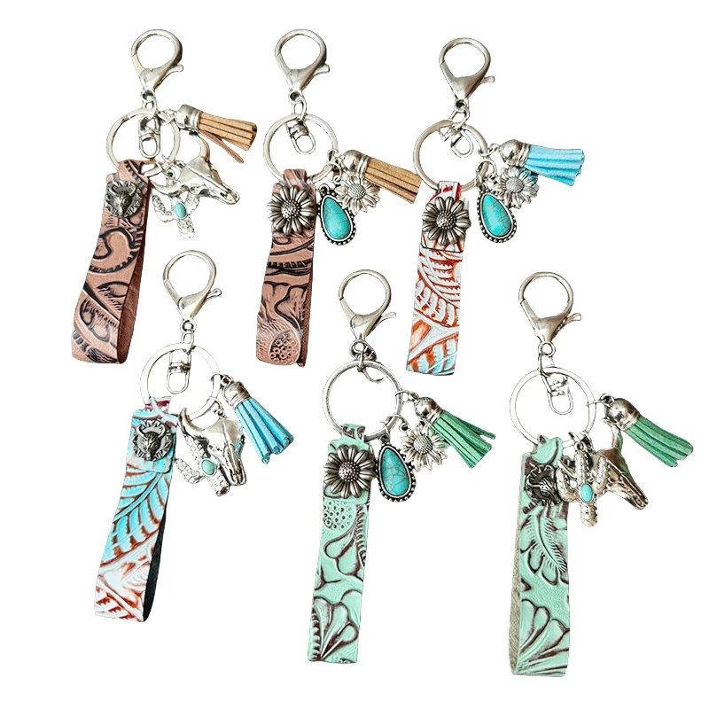 Retro Embossed Turquoise Ox Head Cactus Flower Tassel Western Cowboy Keychains Pu Leather Wristband Keychains for Men Pendant