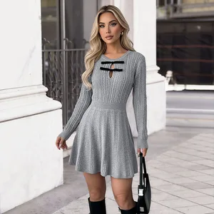 Clothing Manufacturer New Women's Clothing Elegant Style Short Knitted Dress with Bow Winter Dress Women's Elegant Dress