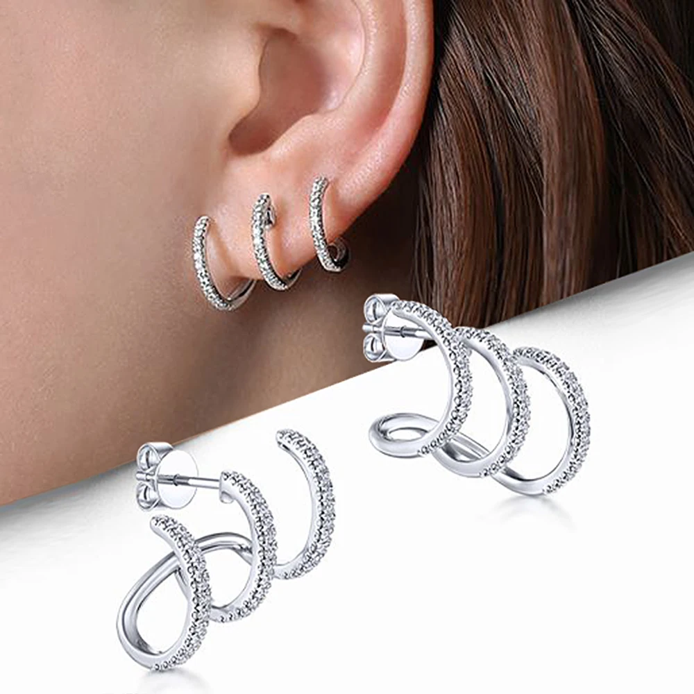 CAOSHI Three Line Design Trendy Hot Selling Earring Silver Plating Cubic Zirconia Personal Stud Earrings for Men Women