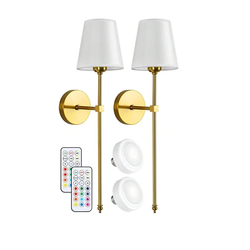 product living room indoor gold rgb dimmable wireless battery operated wall sconce with remote control set of 2 rechargeable wall lights-38