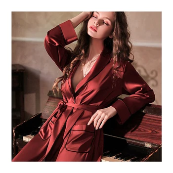 Luxury Wholesale long sleeve silk nightwear night gown sexy women 100% mulberry Satin silk Robe set in bulk