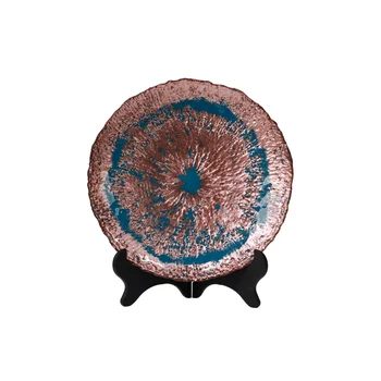 Blue and Copper Glass Dinner Plate Textured Round Decorative Tableware for Home Restaurant Kitchen Serving Plate