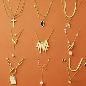 MW Custom 316l Stainless Steel Choker Square Zircon Stone Bow Pearl White Shell Crystal Pendant Locket Long Necklaces for Women