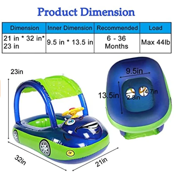 Inflatable Pool Float with Canopy, Car Shaped Babies Swim Float Boat with Sunshade Safty Seat for Toddler Infant Swim Ring Pool