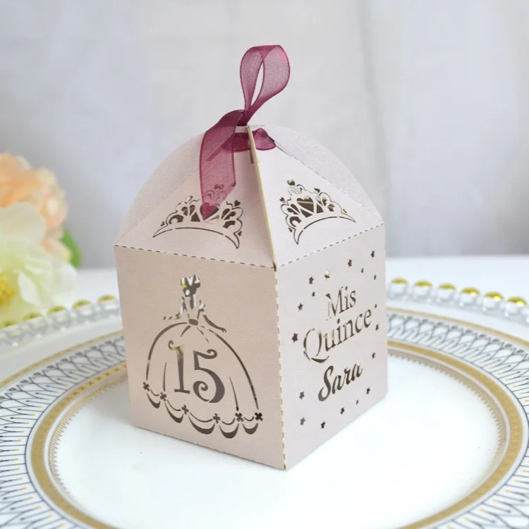 Cinderella Party Supplies Laser Cut Personalized Quinceanera Favors Box with Ribbon