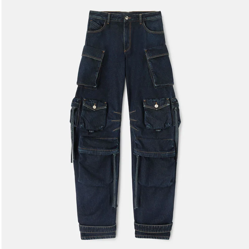Relaxed Oversized Fit Multi-pockets Long Pants Dark Blue Cargo Pants Denim Jeans for Women
