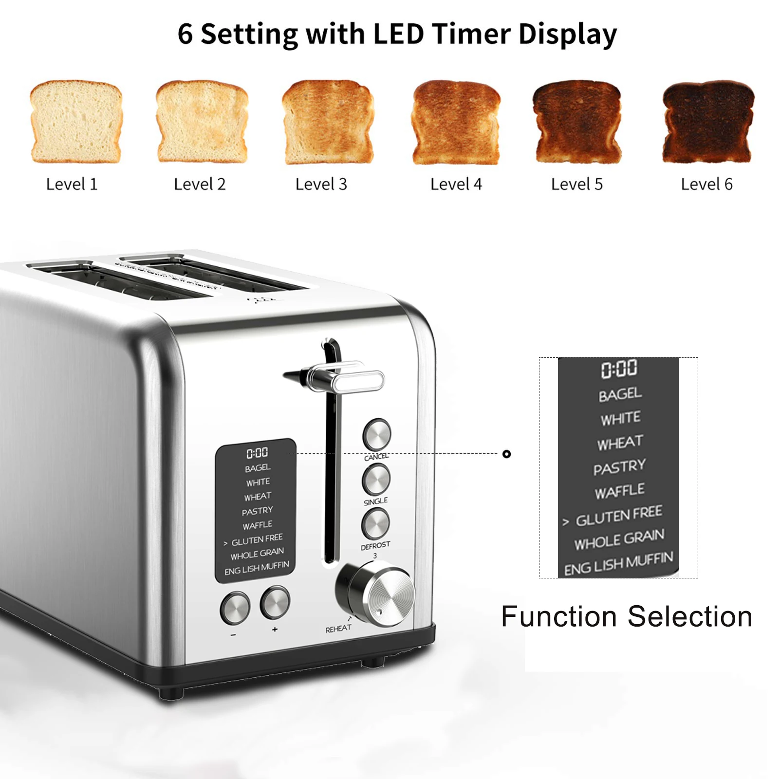 Multiple Functional Digital Toaster Home Appliances 2 Slice Bread Toaster with LED Display Screen Smart Electric Toaster