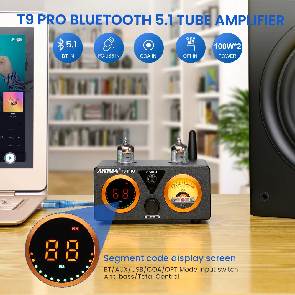 AIYIMA T9 PRO HiFi BT真空管アンプ ステレオパワーアンプ USB DAC