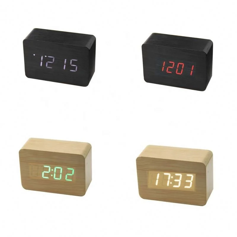 Free Shipping Mini Cube Wooden Clock Voice Control Electronic Desk Clock with LED Digital Table Watch Snooze Cute Alarm Clock Fo