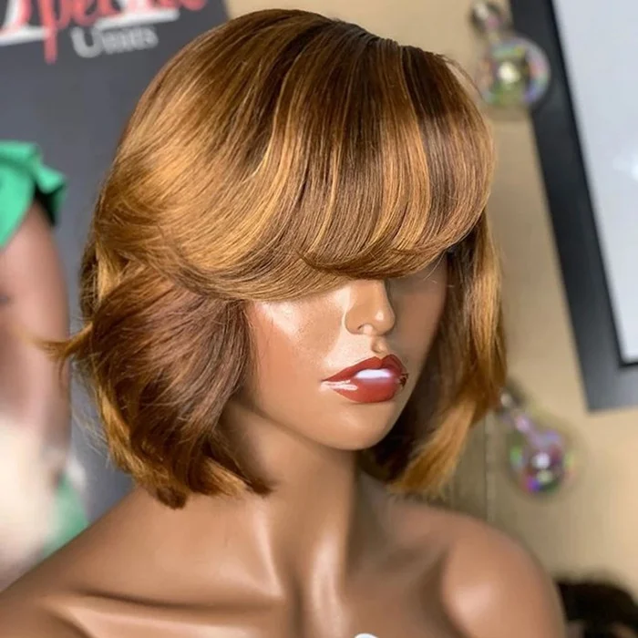 Drop Shipping Ombre Brown Highlight Color Wave Pixie Bob Raw Burmese Cuticle Aligned Hair Lace Frontal Wigs