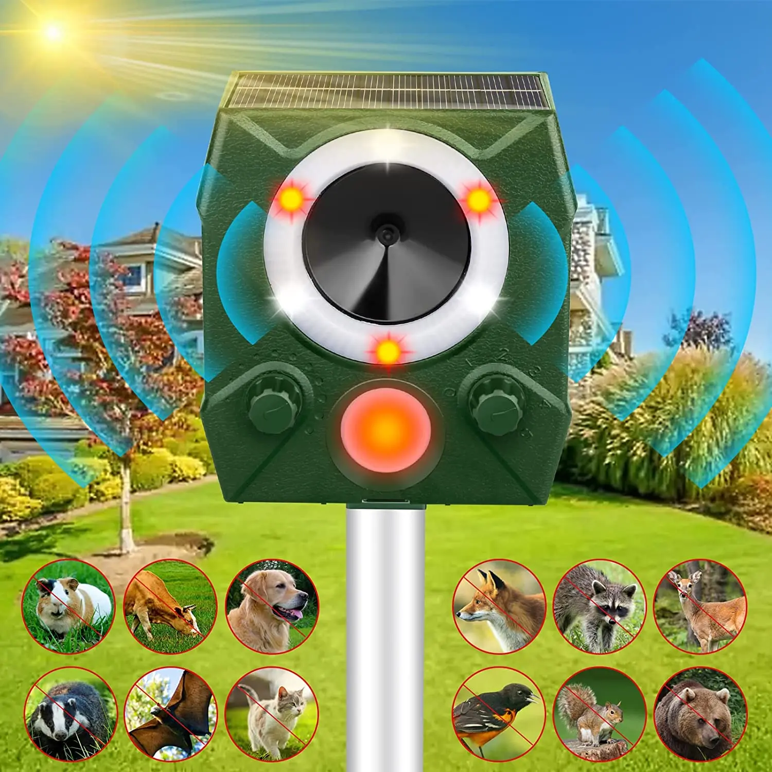 SAIJZEK OEM Outdoor Solar Powered Animal Repellent Pig Wild Boar Repeller Ultrasonic Mouse Dog Monkey Repeller