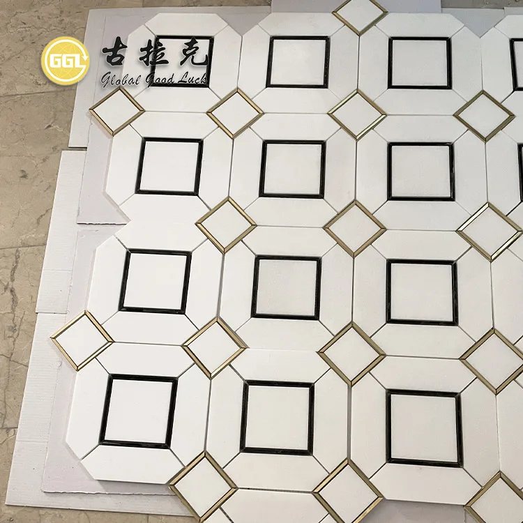Mix Shape Marble Waterjet Mosaic Tile Inlay Brass Design for Home ...