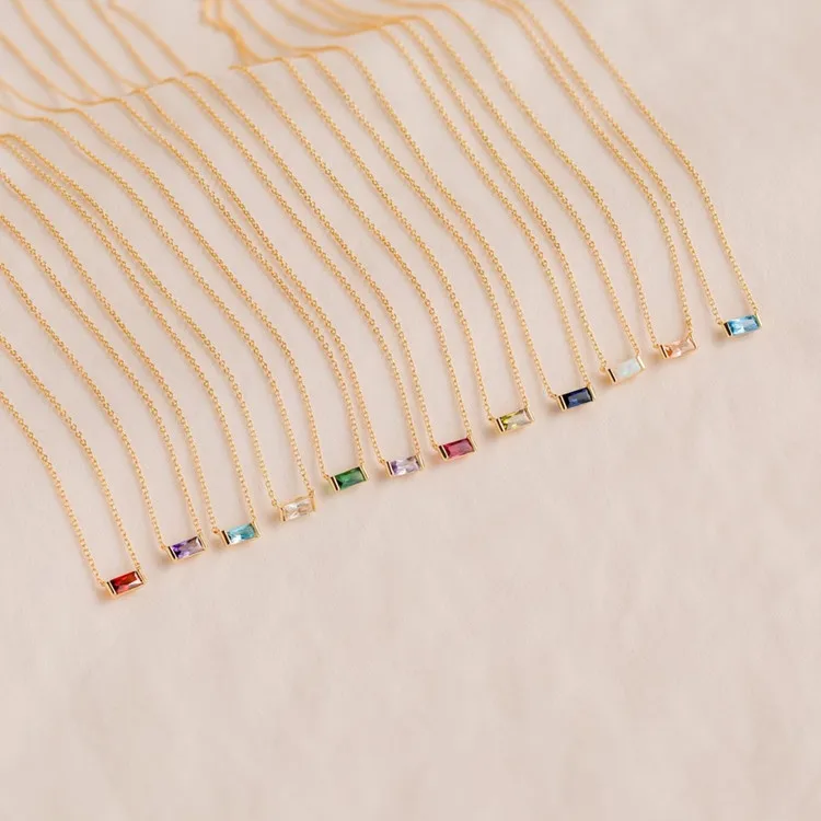 Dainty Minimalist 18k Gold Plated 925 Sterling Silver baguette Cz Diamond Birthstone Pendant Necklace Wholesale