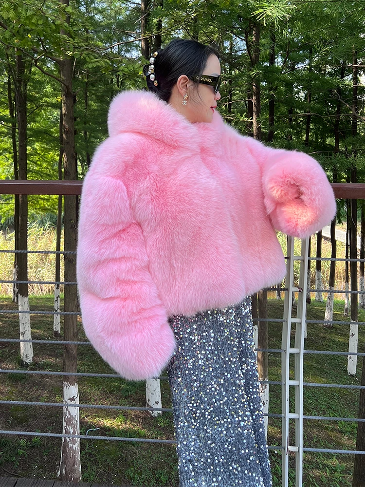 Pink Big Fur Coat Womens 2024 Women Luxury Coat Real Fox Fur