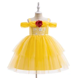 Yellow Puffy Beauty Beast Princess Dress for Girls Performance Bare Shoulders Sweet Summer Style Floral for Birthday Parties