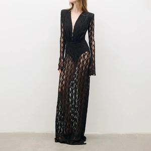 ZYHT 70096 New Arrived Elegant Long Sleeve Lace Lined Maxi Dress for Women Summer French Style Evening Gown Christmas