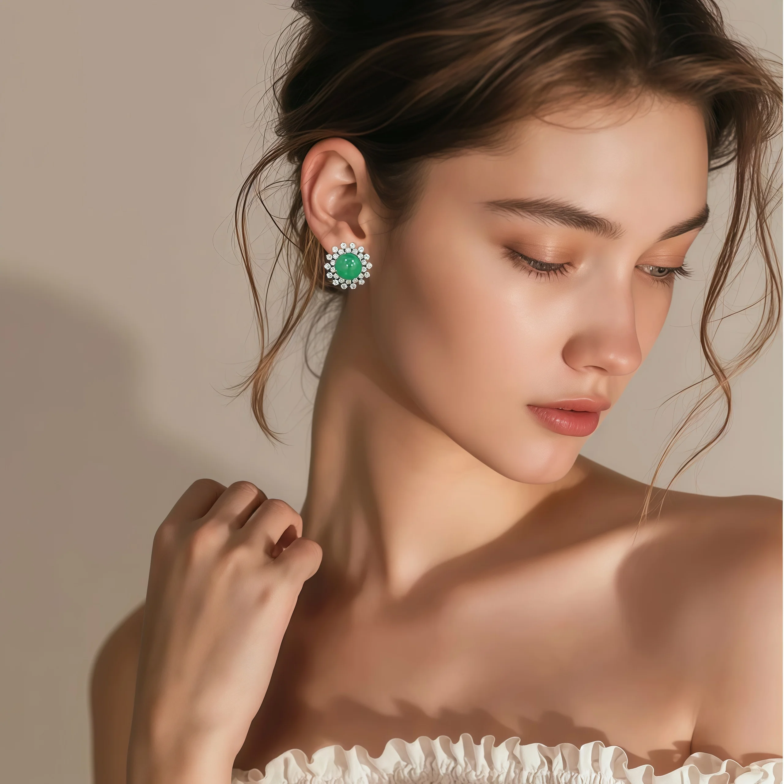MUSHAN Jewelry Factory 925 Sterling Silver Stud Earrings High Carbon Diamond with Musa Green Natural Chalcedony Women Earrings
