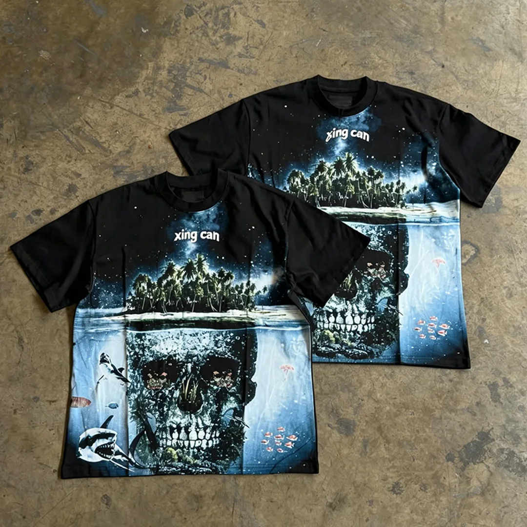 Męski T-shirt w stylu streetwear z ciężkiej bawełny, z możliwością wyboru cyfrowego nadruku DTG / kamieni sztucznych / przepłukania / haftu, oversized z krótkim rękawem
