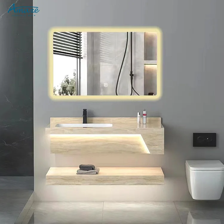 Factory supply modern wall mounted marble sintered stone wash basin smart led mirror makeup bathroom vanity sink manufacture