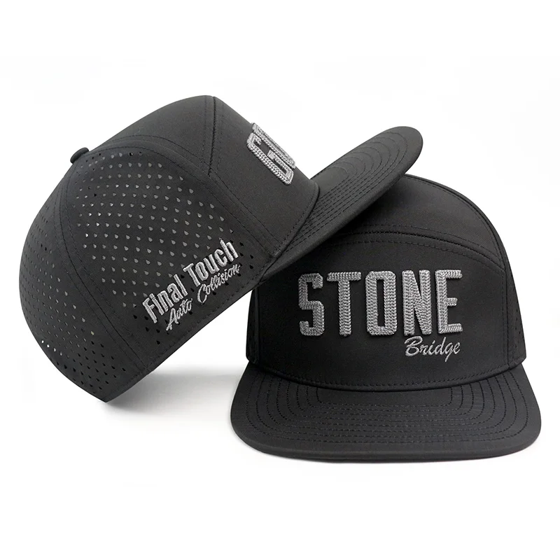 Hydro 6 Panel Hip Hop Polyester Athletic Mesh Snapback Cap Hat Flat Bill Waterproof Performance Pvc Patch Perforated Hat