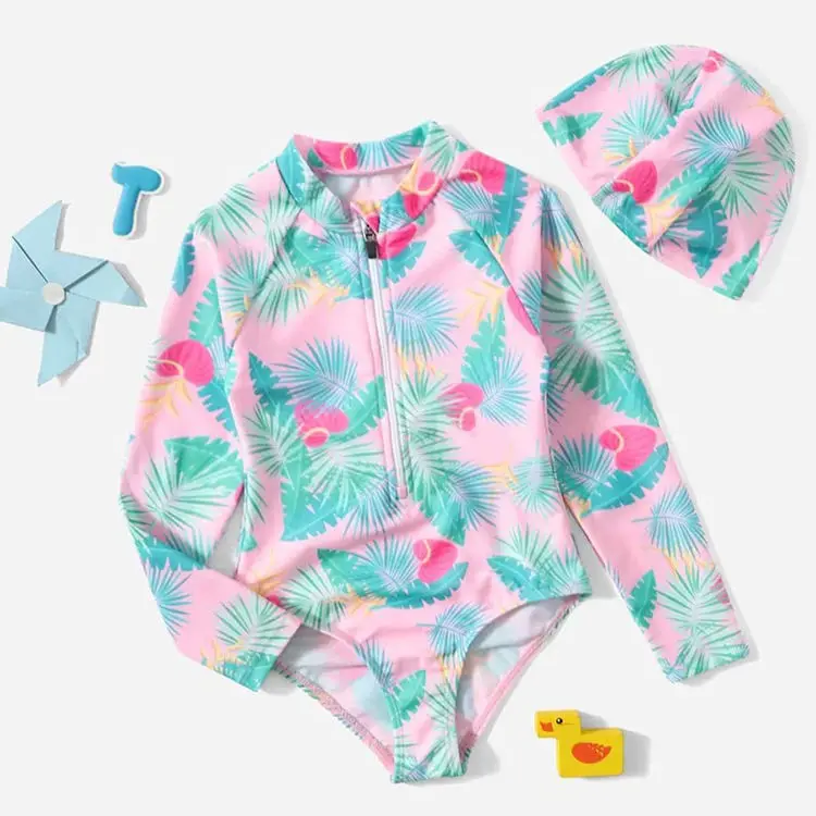 Custom Long Sleeve Floral Print Girls Bathing Suit Beachwear Swim Suit Girls One-piece Swimsuit