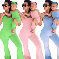Mom And Daughter Matching Clothes Wide Leg Bell Bottom solid color Jumpsuits Rompers Mommy and Me Outfits jumpsuit