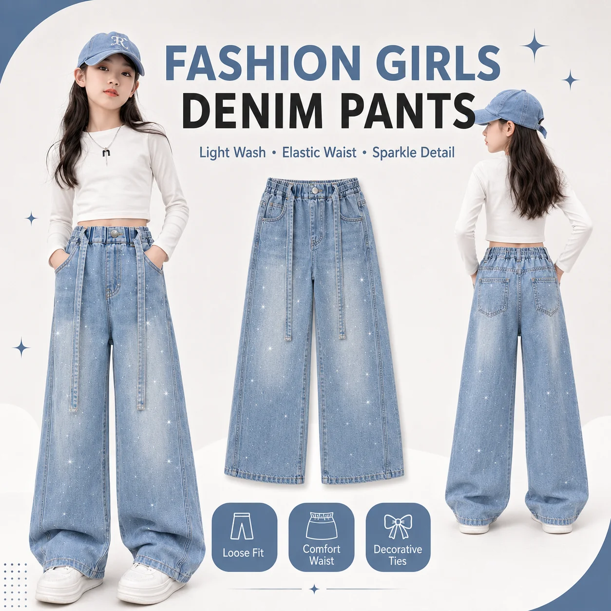 Women's High Waist Baggy Denim Pants Drawstring Wide Leg Jeans Breathable Vintage Solid Washed Casual Loose Summer Winter Autumn