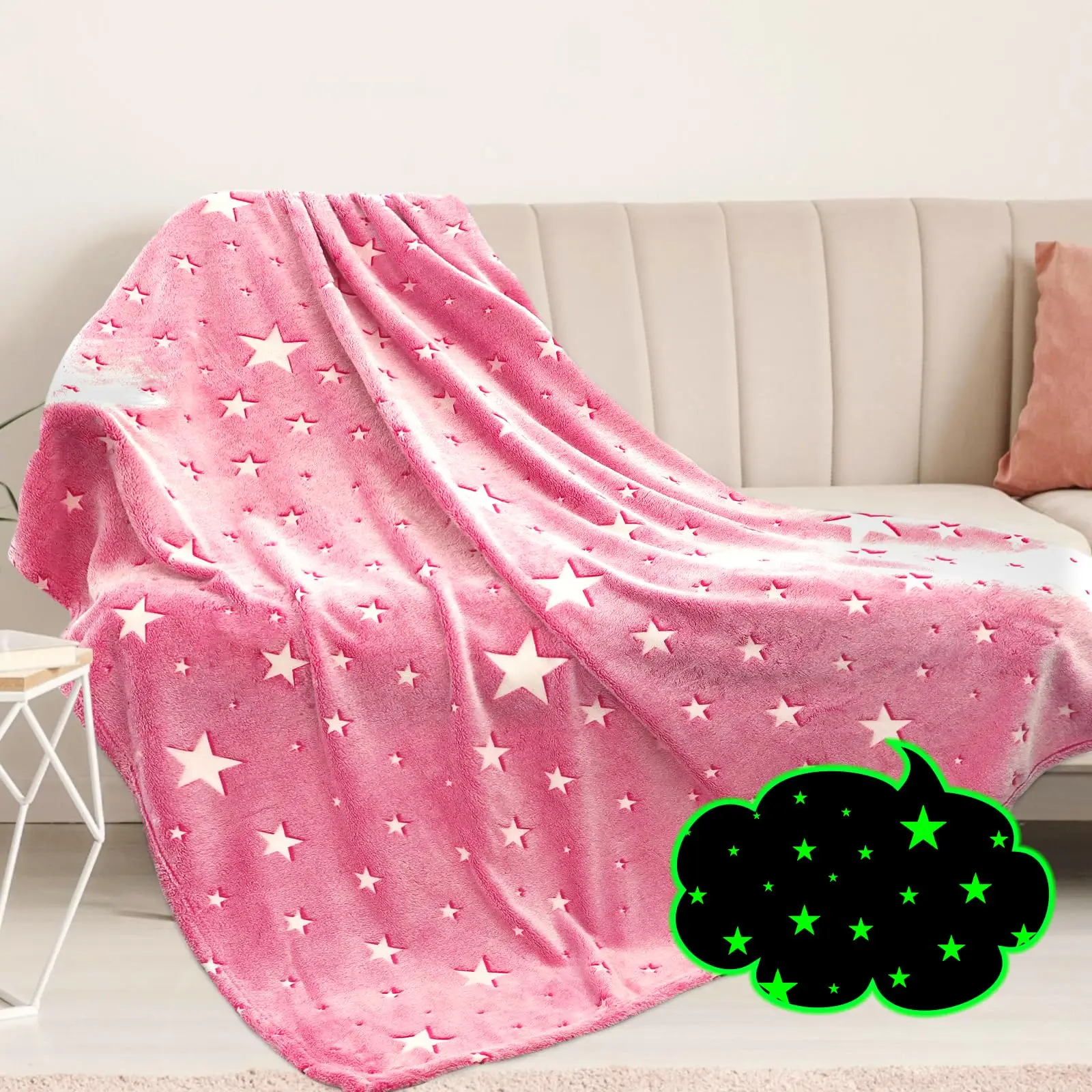 Soft Pink Star Glow-in-the-Dark Fleece Throw Blanket 60x80inch