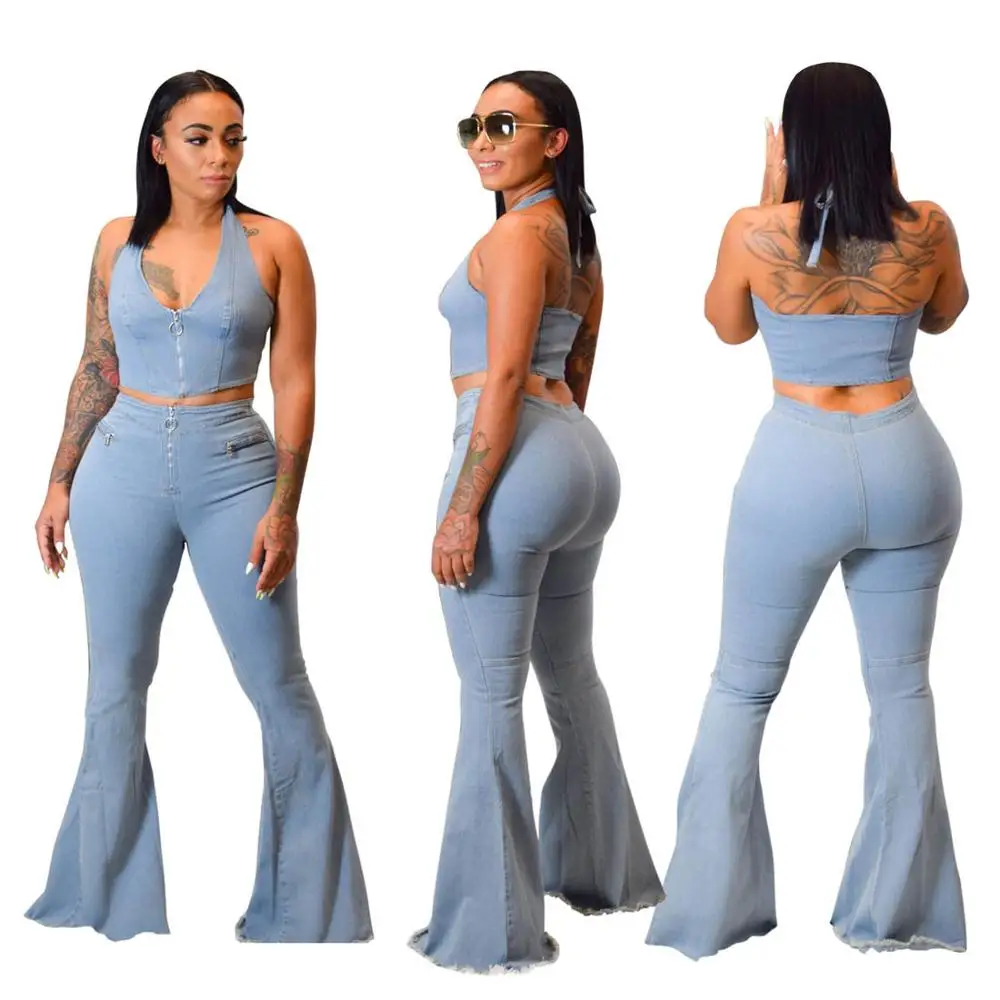 Wholesale light blue crop top and flared pant 2 piece jean women set From