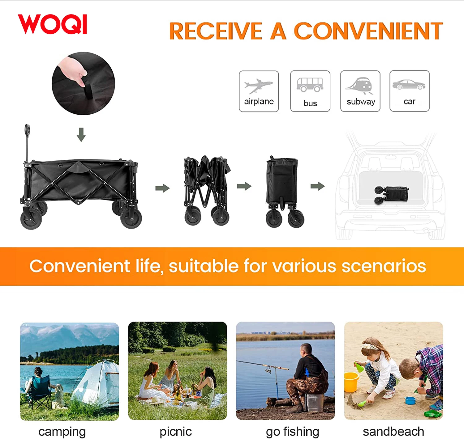 WOQI  Foldable Mini Wagon Cart Heavy Duty Outdoor Utility Wagon With Swivel Wheels for Gardening Grocery Shopping
