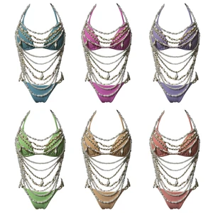 Women's Elegant 3-Piece Set Sexy Halter Bikini Cut-Out Beaded Pearl Necklace Solid Beachwear Accessory OEM Service Available