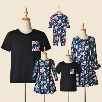 Wholesale Father Mommy and Me Outfits Tops Mother Daughter Matching Flower Print Tee Family Matching Clothes