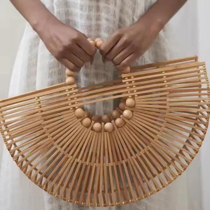 Wood Bead Handle Half Moon Handbag Bamboo Woven Handbag|