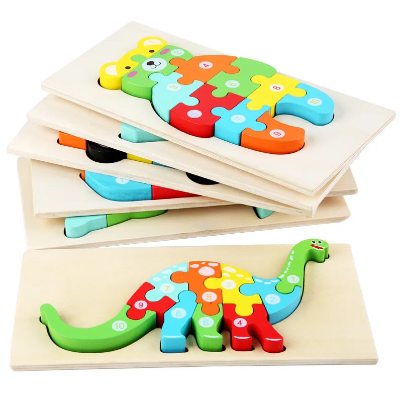 CPC 3D animal Wooden Puzzle Board Cartoon Dinosaur Jigsaw DIY puzzle kids gift Educational toy for child