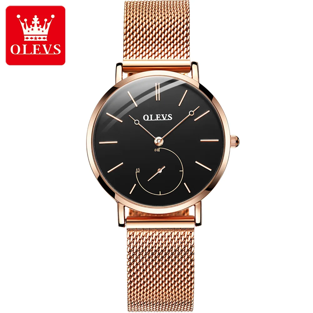 Olevs jam tangan kuarsa wanita, arloji mode Rose Gold baja Barat Ultra  tipis minimalis sederhana ramping untuk wanita 5190
