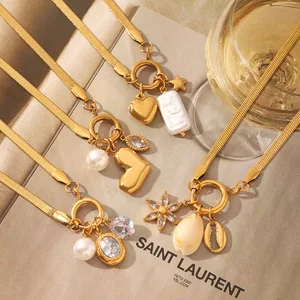 MW Fashion 18k Gold Plated Snap Buckle DIY Jewelry Stainless Steel Blade Chain Zircon Heart  Pearl Pendant Necklace for Party