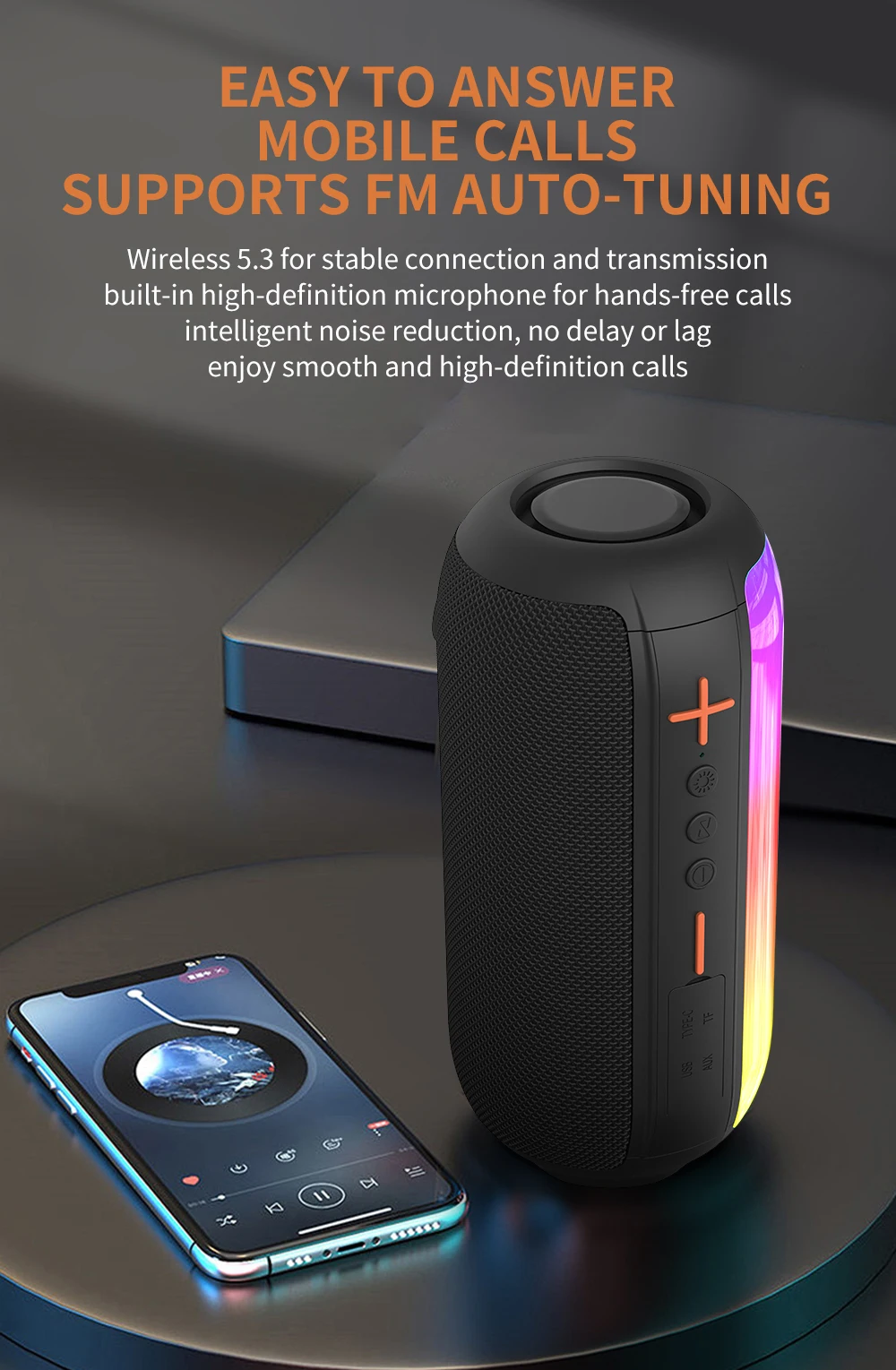 Portable Bluetooth Speaker with RGB LED Lights - 14W Sound