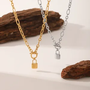MW Design 18k Gold Plated Lock Pendant Necklaces for Women Waterproof Stainless Steel Layer Paper Clip Hip Hop Necklace