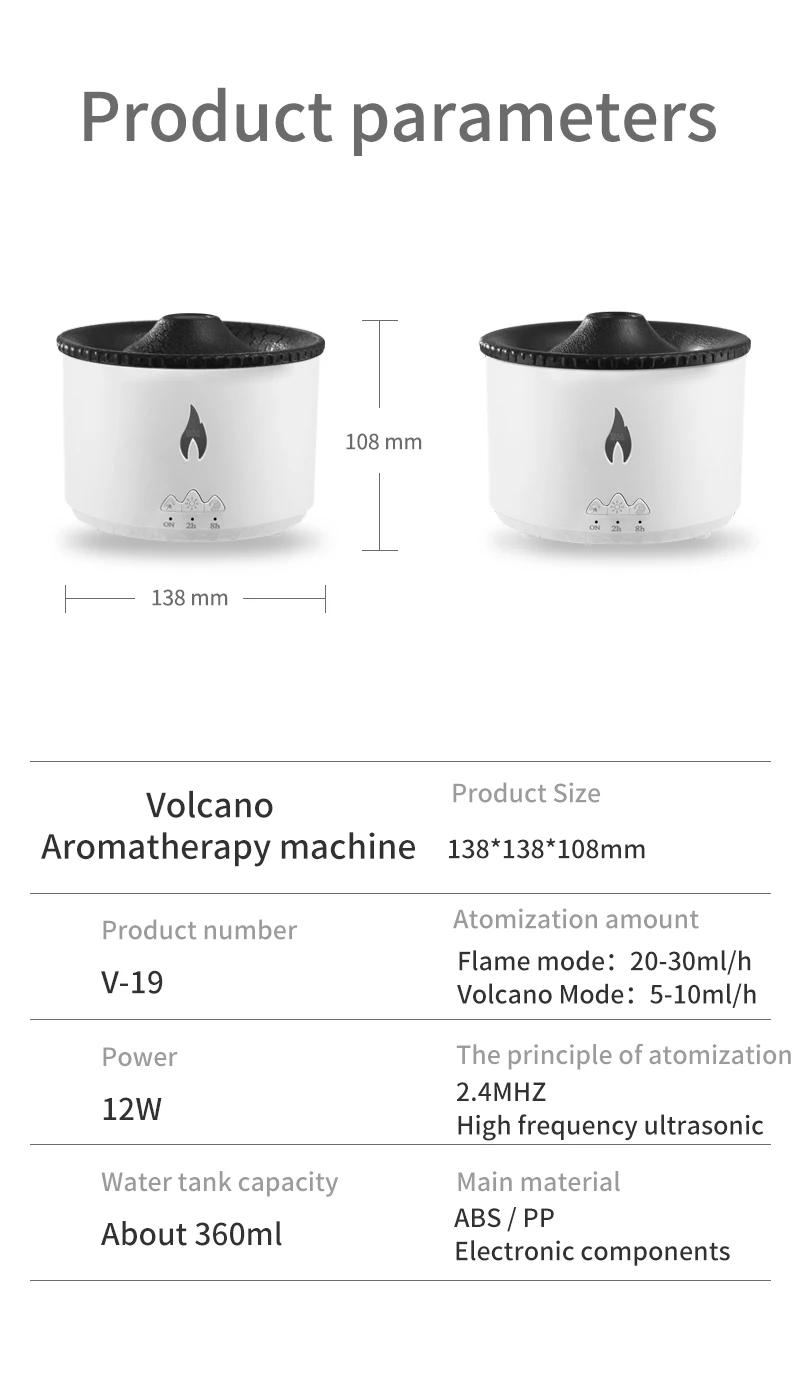 New electric portable timmer 360ml ultrasonic nano mist 3D fire flame essential oil air humidifier volcano aroma diffuser