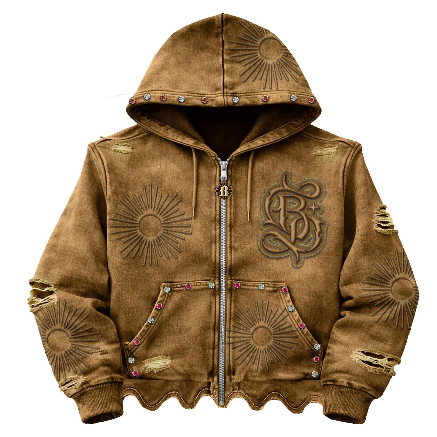 SALATI Custom Manufacture Cotton French Terry Heavyweight Rhinestone Custom Design StreetWear Distressed Sun Faded Men Tracksuit