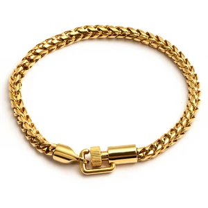 18K Yellow Gold Plated Stainless Steel Classic Charm Chain Button Buckle Unisex Bracelet for Anniversary