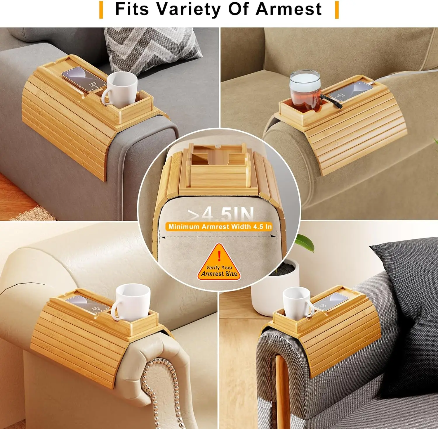 Bamboo Sofa Armrest Tray with Removable Sofa Cup Holder Part Non-slip Foldable Sofa Table Tray