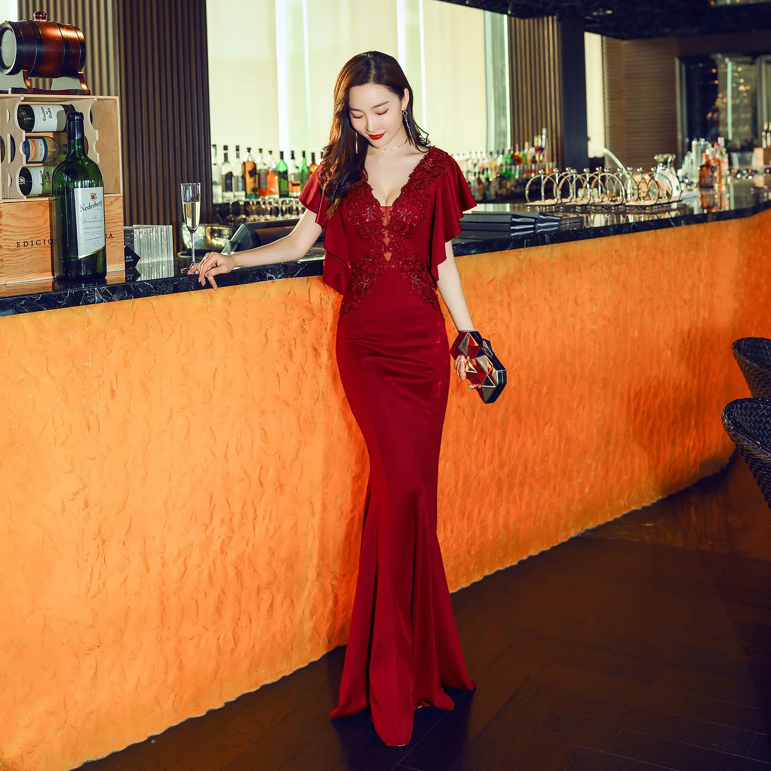 Toast Clothing Bride Long Red Bardot Appreciation Dinner Slim-fit Fishtail Skirt Wedding Evening Dress Women