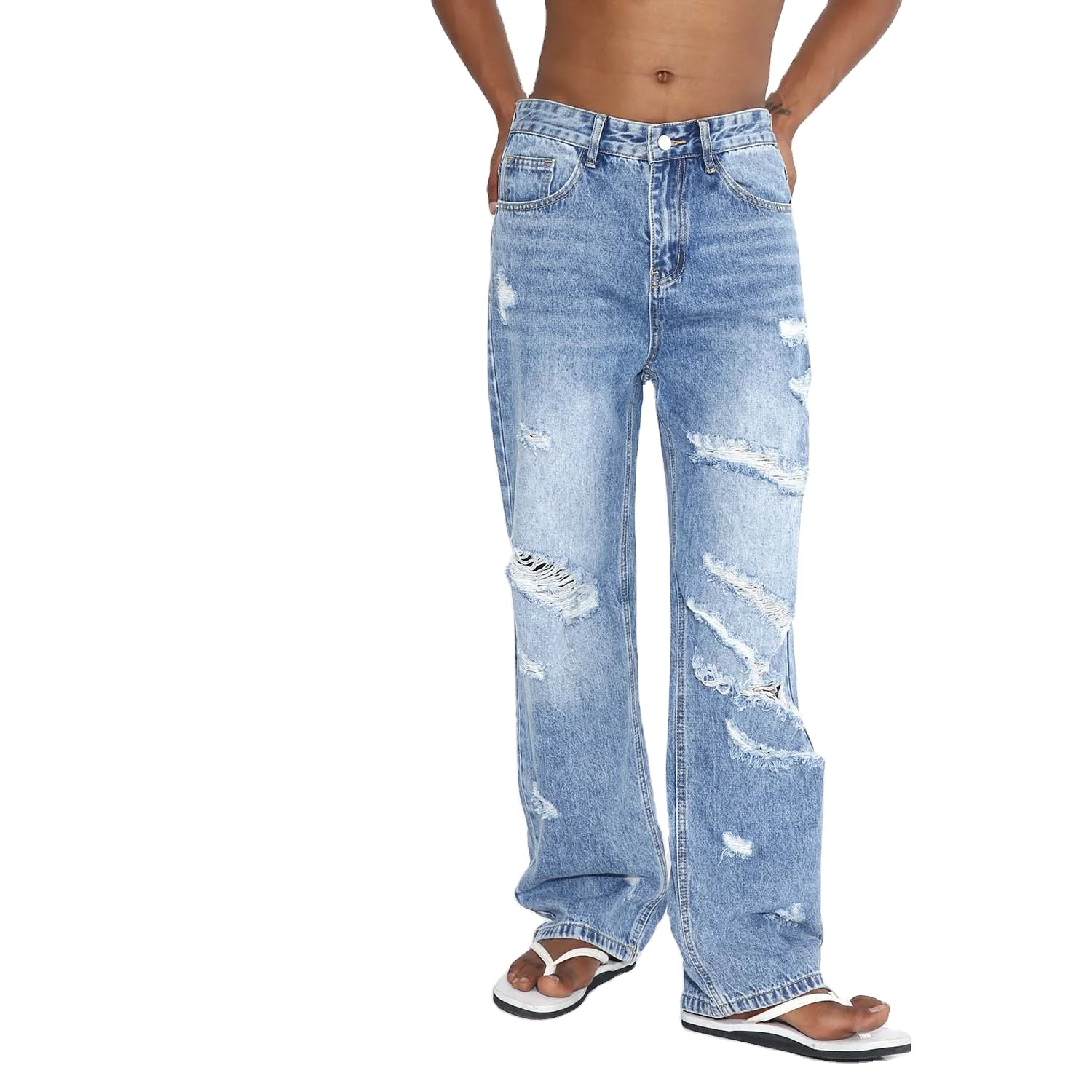 2024 Designer Denim zerstört gewaschen hellblau Mode zerrissene Männer Jeans_voghion.com