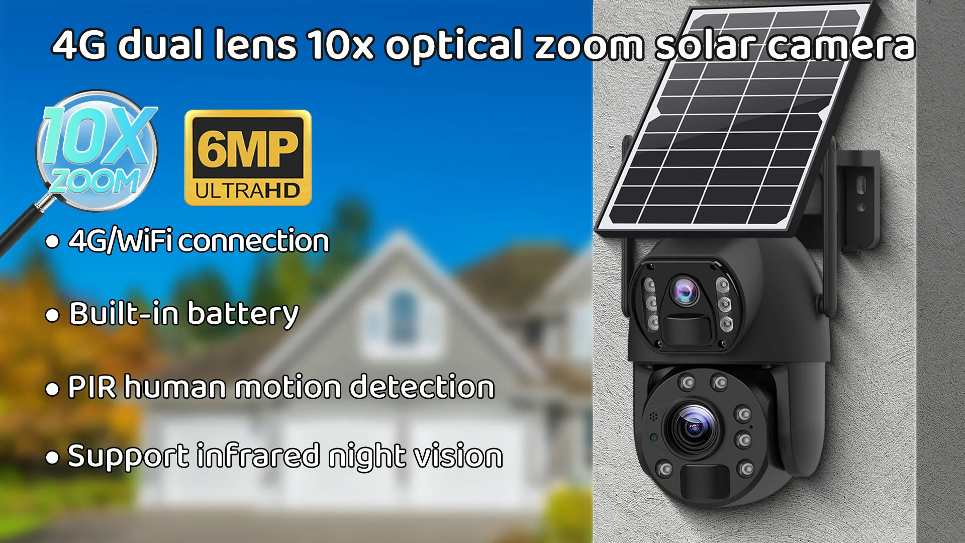 Telecamera Di Sorveglianza WiFi Esterno 4K Con Doppio Obiettivo, Zoom 10X E Pannello Solare - Rotazione 360°, Visione Notturna A Colori, Sirena, Audio Bidirezionale