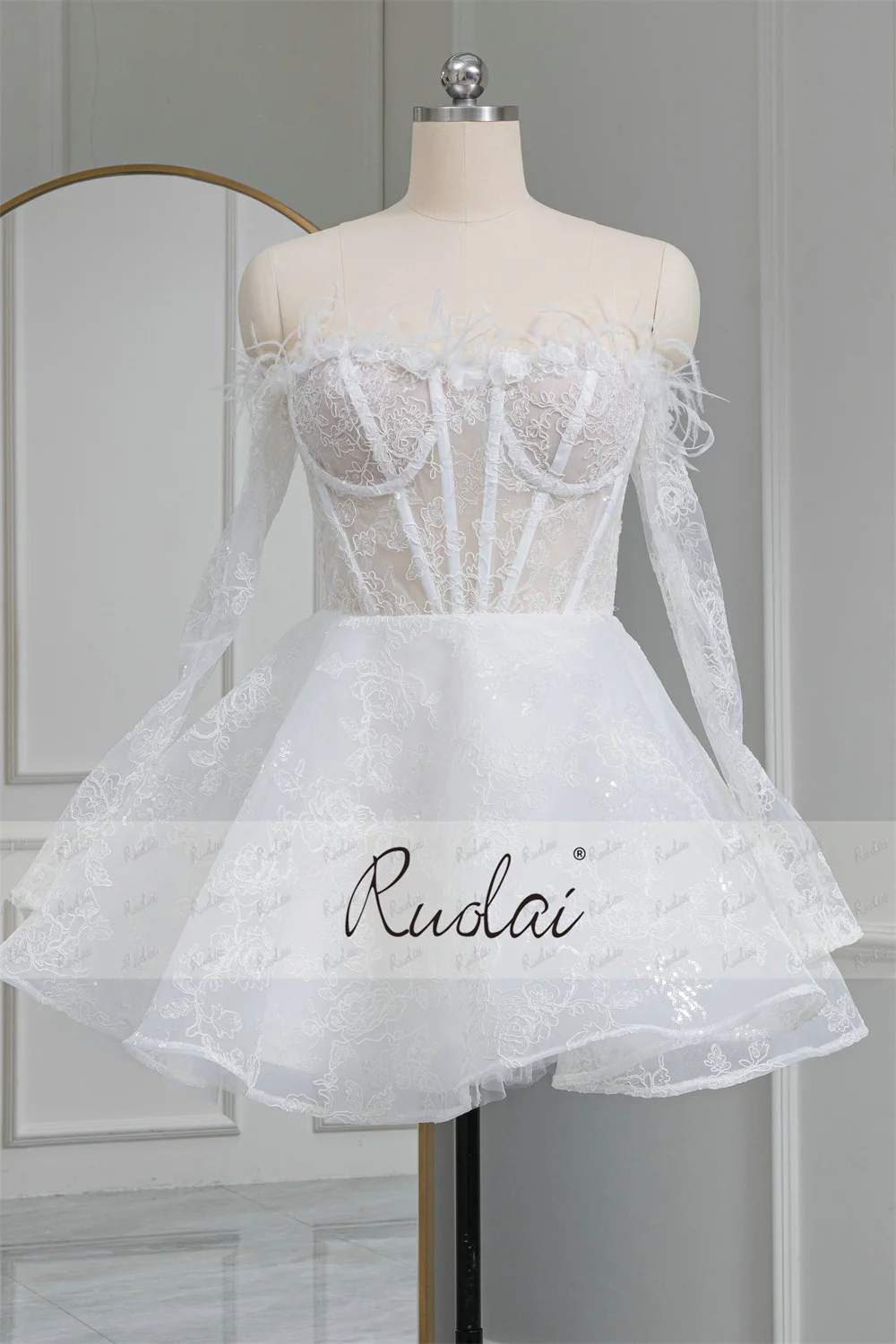 short ostrich feather wedding dress Haltered silky satin upper bodice fitted short above knee-length ostri SelenaHuanStudio