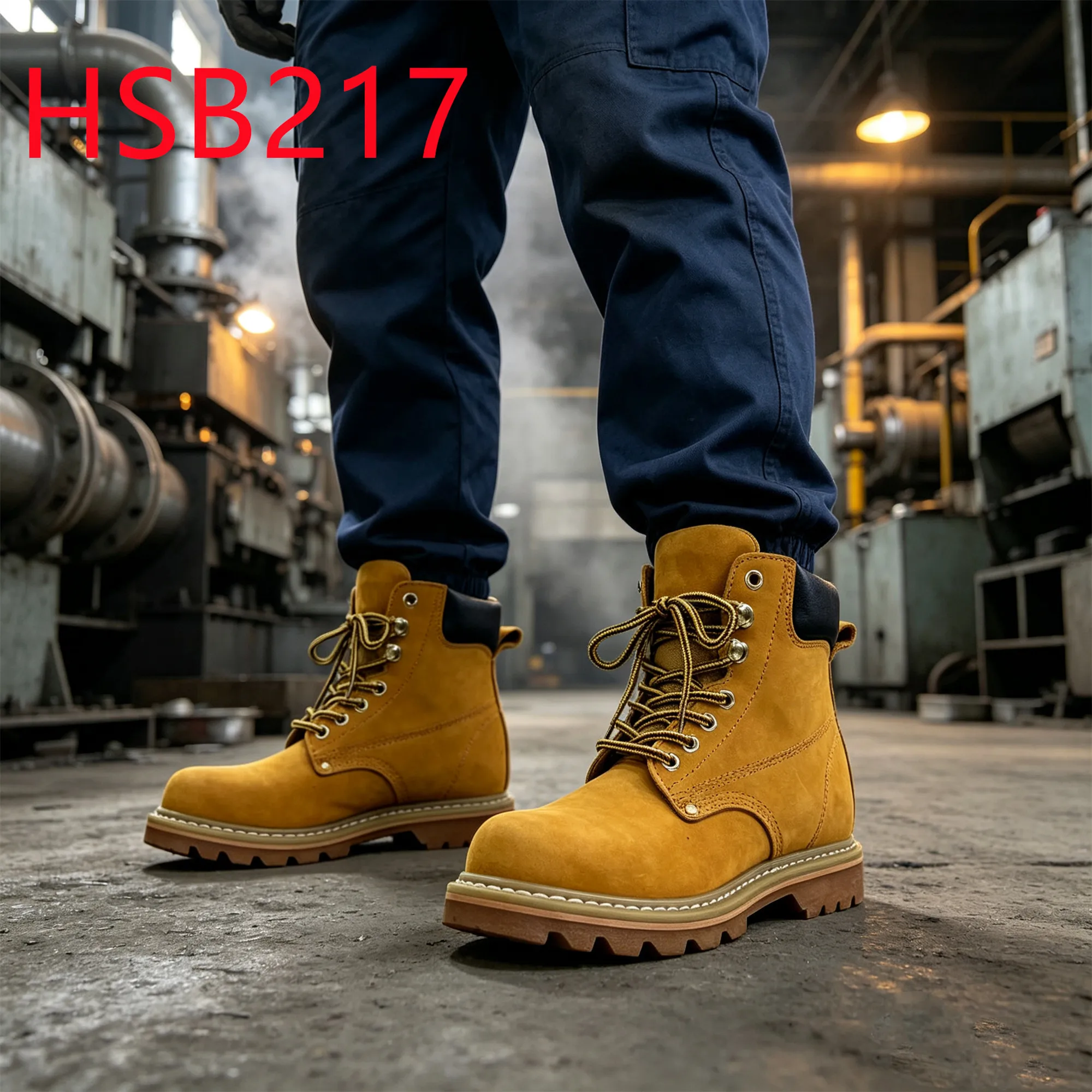 HY,Dock Repair Top Level Nubuck Leather Honey Color Safety Shoes Anti-moist Goodyear Rubber Sole Hua Singh Work Boots HSB217