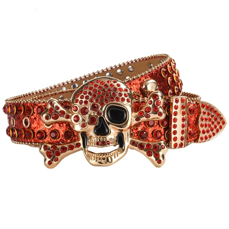 Skull Head Buckle Colors Bling Bling Fashion PU Leather Men's Jeans Punk Studded Rhinestones Belts for Woman