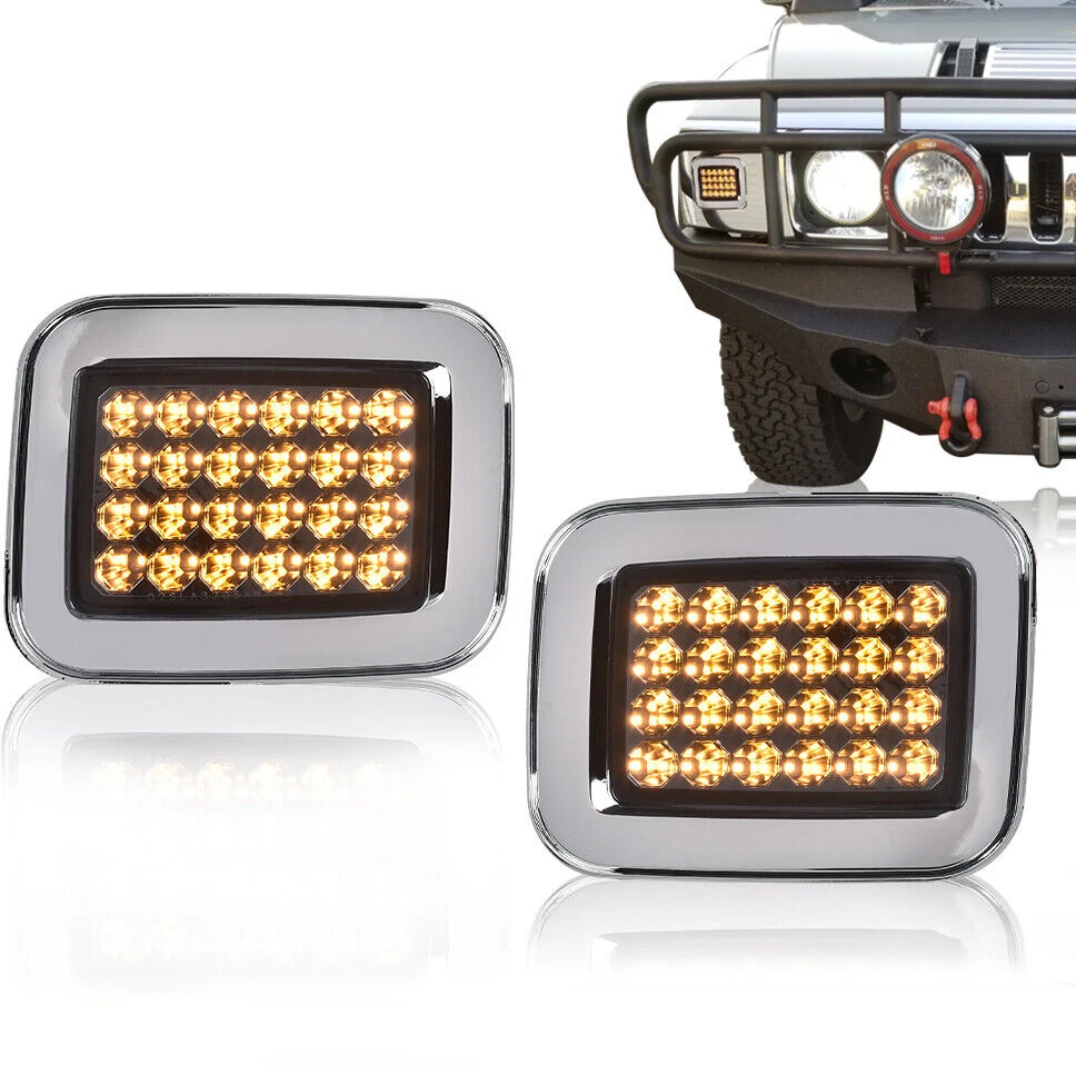 Smoked LED Corner Lights For 2003-2009 Hummer H2 – Front Left & Right Parking Lamps Set With Chrome Housing